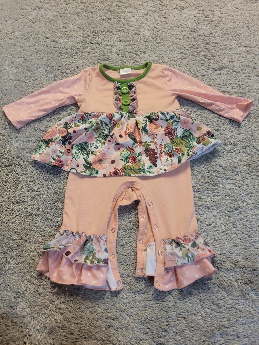 Boutique Baby Girl Romper 12M Peach Floral Ruffle Peplum One Piece Outfit